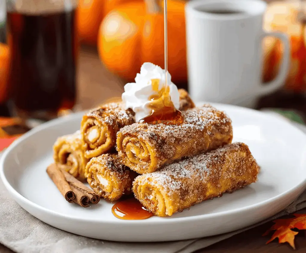 Delicious pumpkin French toast roll-ups filled with cream cheese and cinnamon, topped with powdered sugar and maple syrup on a white plate for a festive breakfast presentation.