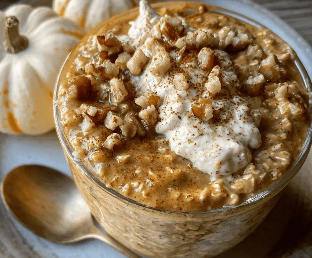 Creamy pumpkin pie overnight oats topped with whipped cream and cinnamon for a delicious fall breakfast