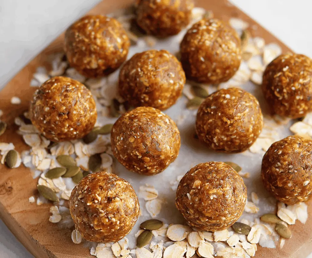 Healthy homemade Pumpkin Spice Energy Bites on a white plate with autumn spices and pumpkin seeds, perfect for a nutritious snack