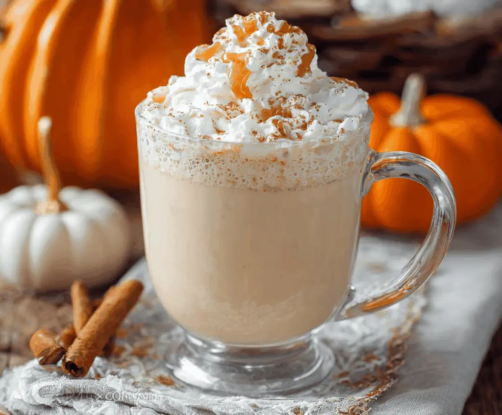 Creamy pumpkin spice white hot chocolate topped with whipped cream and cinnamon, perfect for cozy fall evenings.