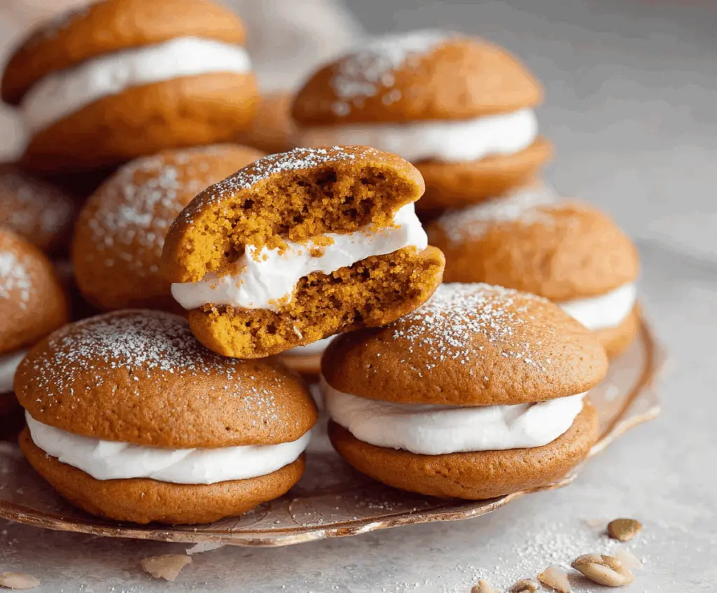 Delicious homemade pumpkin whoopie pies with creamy filling, perfect for fall desserts
