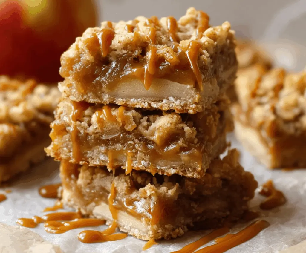 Delicious salted caramel apple bars with a golden crust, topped with caramel drizzle and sliced fresh apples, perfect for a sweet fall treat.