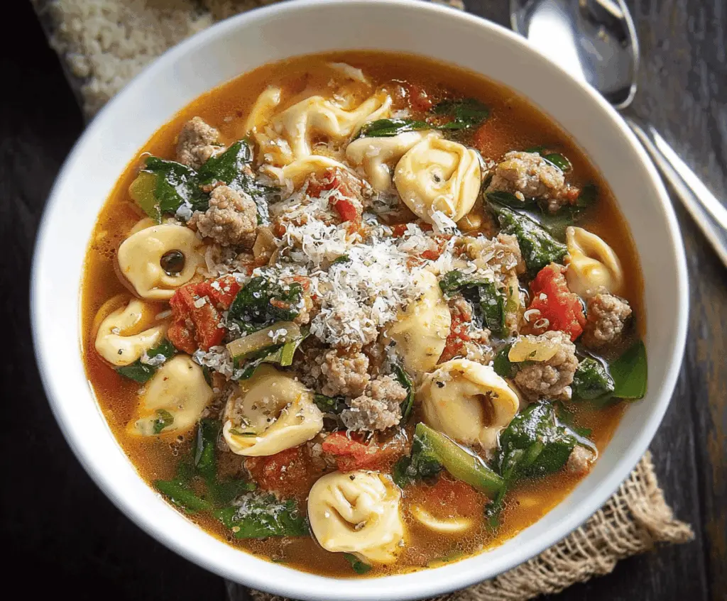 A bowl of warm sausage tortellini soup garnished with fresh herbs, featuring sausage, tortellini pasta, vegetables, and a flavorful broth.
