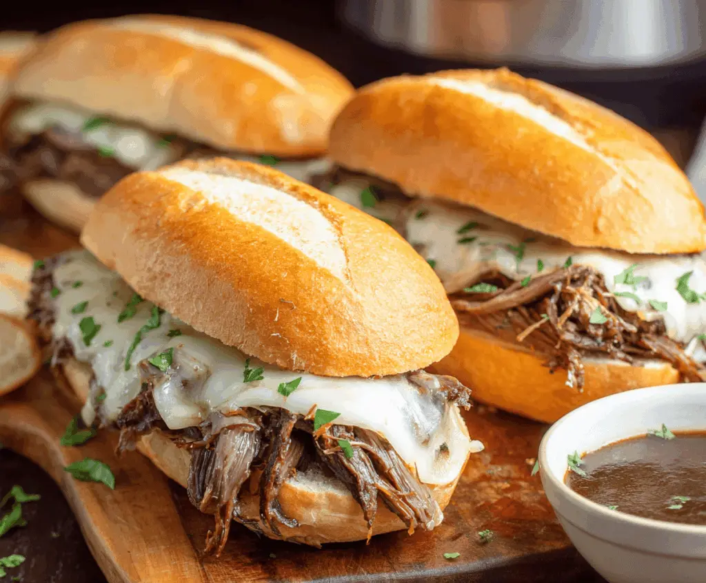 Tender slow cooker French dip sandwiches with melted cheese, thinly sliced roast beef, and crusty baguette rolls served with flavorful au jus for dipping.