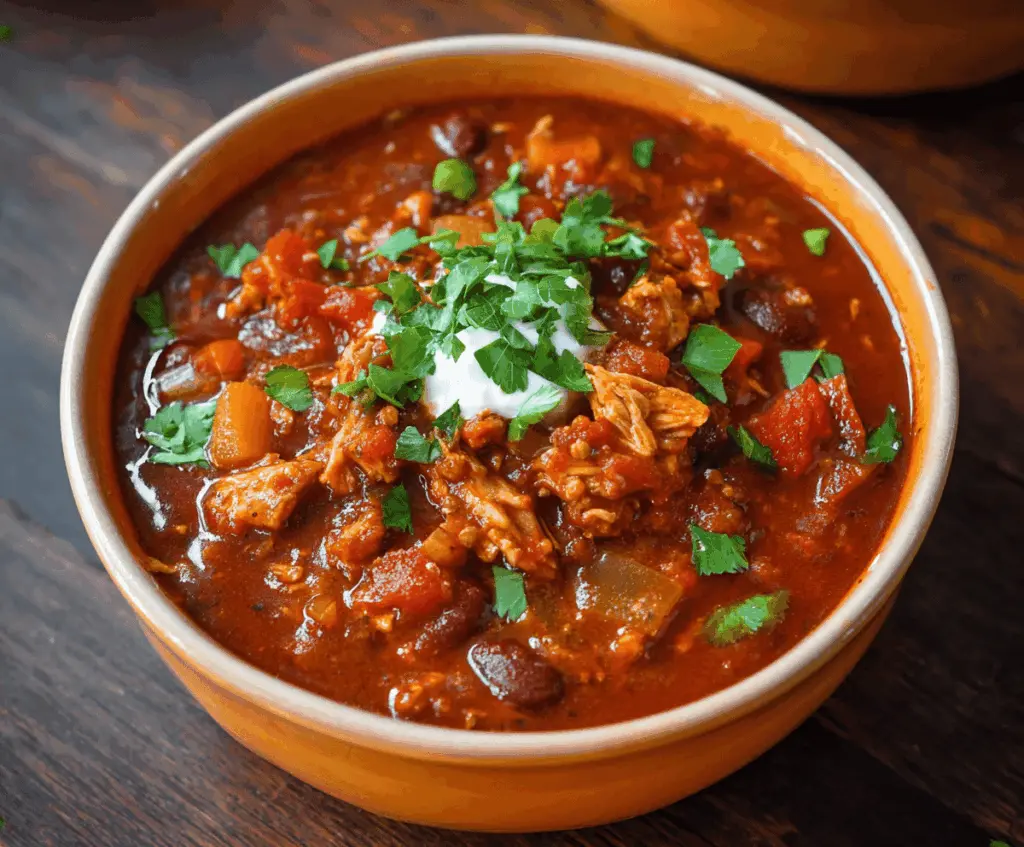 Hearty bowl of Smoky Chipotle Turkey Chili topped with fresh cilantro and shredded cheese, served in a rustic bowl with a spoon.
