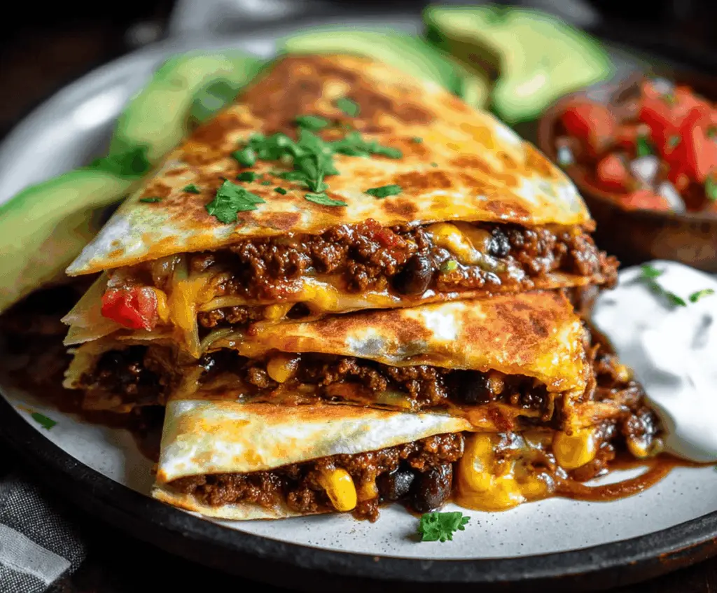 Delicious Southwest Beef and Black Bean Quesadillas featuring melted cheese, seasoned beef, black beans, and crispy golden tortillas, perfect for a flavorful Mexican-inspired meal.