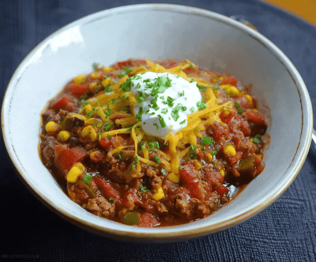 Spicy Southwest Chili with corn, red and green peppers, garnished with fresh cilantro in a bowl