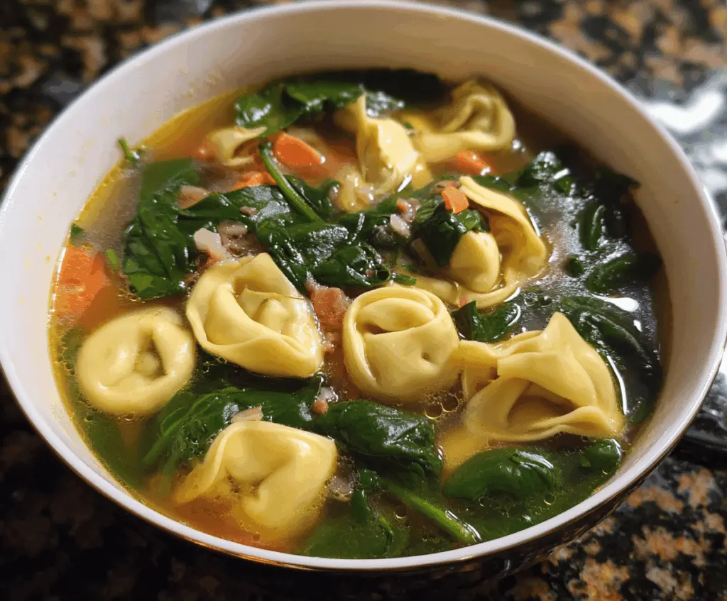 A bowl of creamy spinach tortellini soup garnished with fresh herbs and grated cheese, served with a spoon on a rustic wooden table.