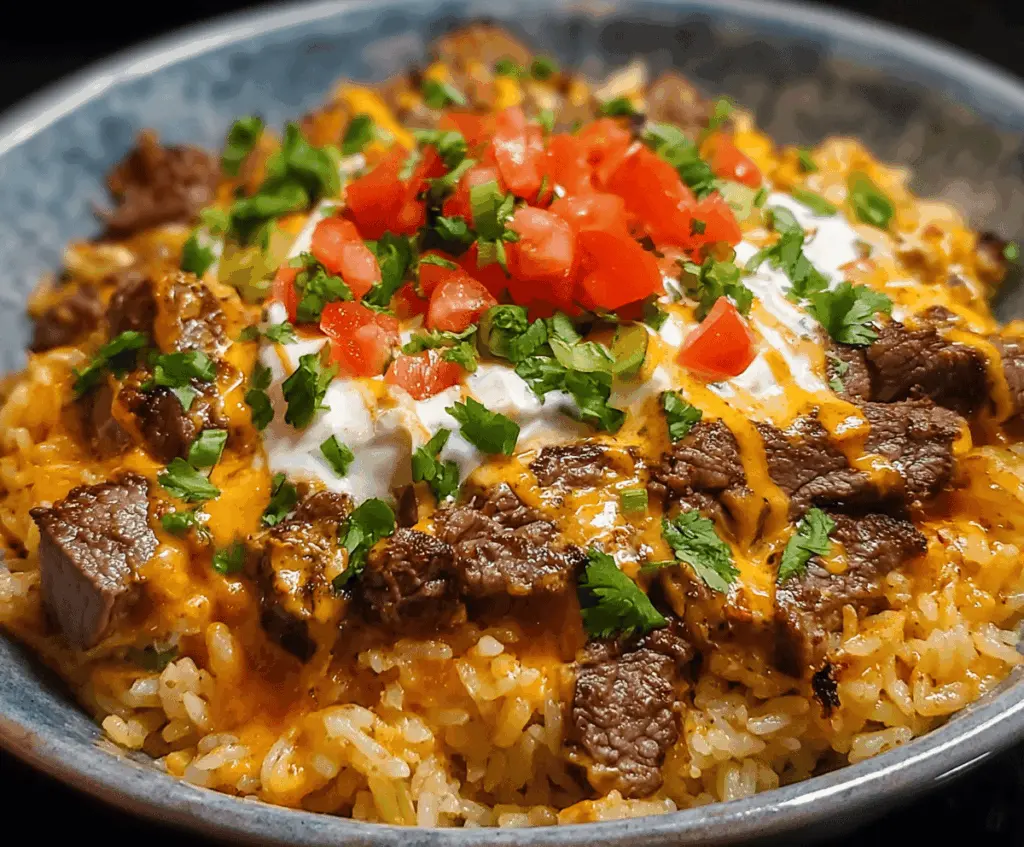 Delicious steak queso rice served in a bowl with melted cheese, tender steak pieces, and fresh garnishes for a flavorful meal