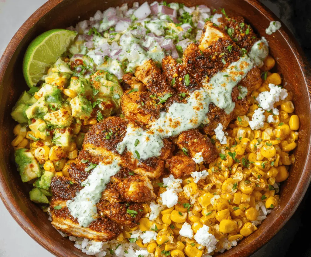 Delicious street corn chicken bowl with grilled chicken, creamy corn topping, fresh cilantro, and lime wedges in a vibrant bowl, perfect for a flavorful meal.