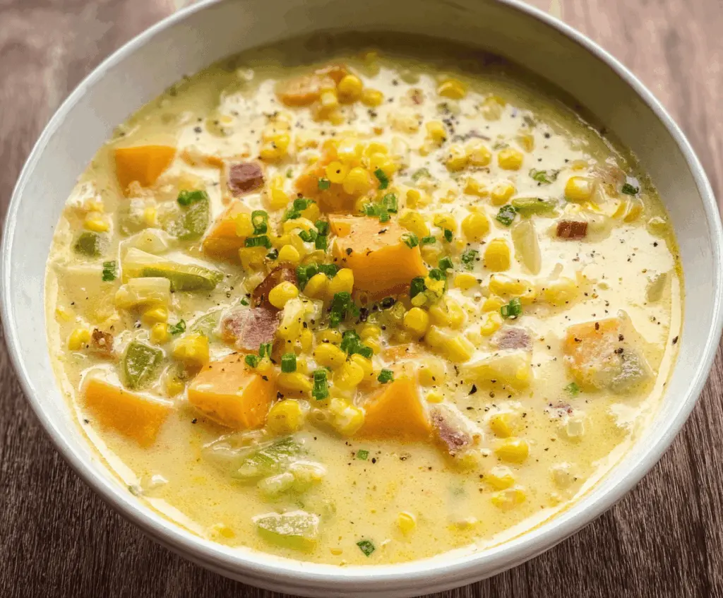 Creamy sweet corn and potato chowder garnished with fresh herbs in a bowl, perfect for a comforting and hearty meal.