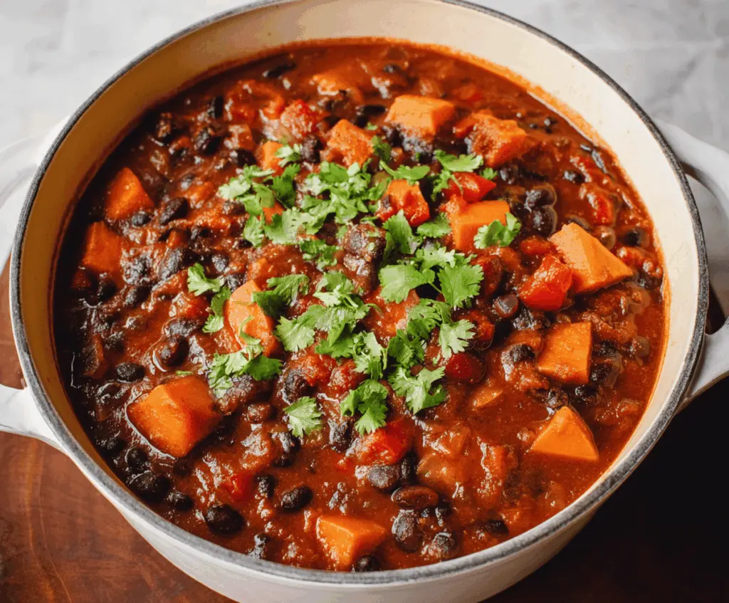 Hearty sweet potato black bean chili in a bowl topped with fresh herbs and diced vegetables, perfect for a flavorful vegetarian meal.