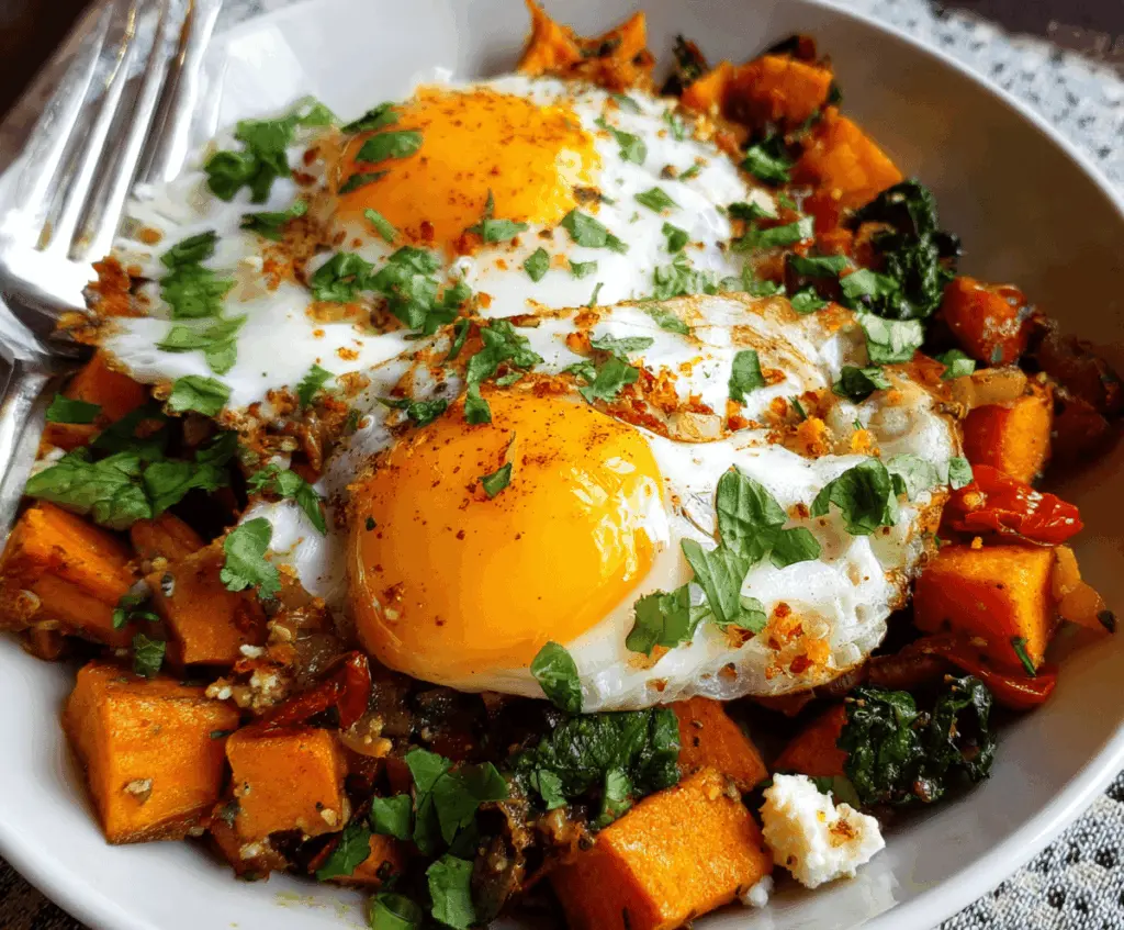 Savory sweet potato breakfast hash topped with sunny-side-up eggs, garnished with herbs and vegetables for a healthy morning meal