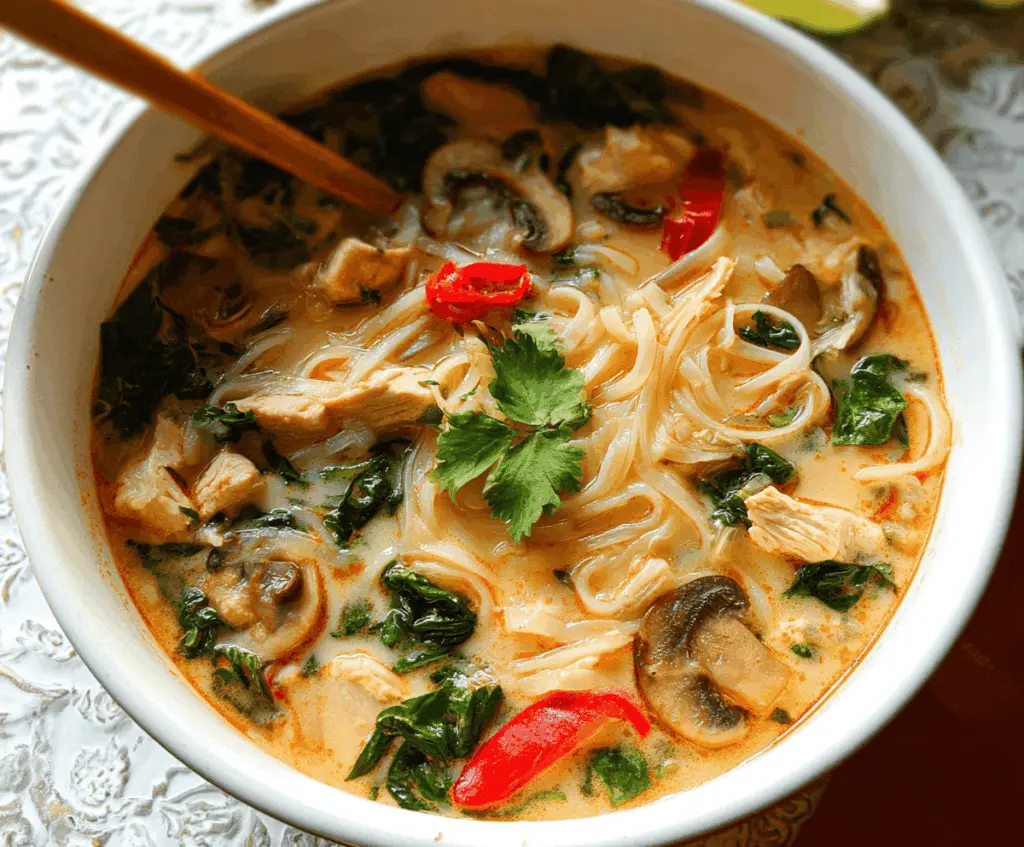 A steaming bowl of Thai chicken noodle soup with fresh herbs, vegetables, and tender chicken pieces in a flavorful broth.