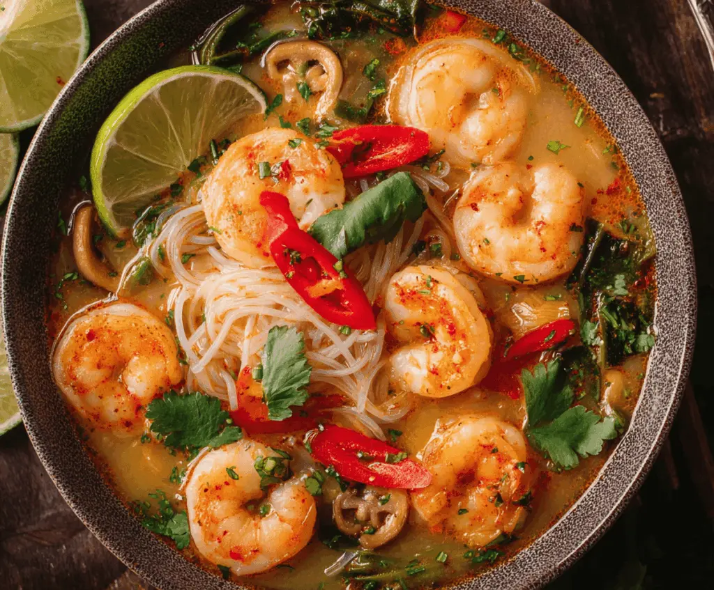 A steaming bowl of Thai Shrimp Soup garnished with fresh herbs, lime, and chili peppers, showcasing vibrant colors and ingredients like shrimp, vegetables, and aromatic spices.