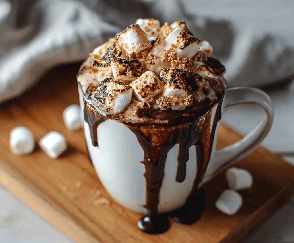 A steaming mug of toasted marshmallow hot cocoa topped with whipped cream and toasted marshmallows, garnished with chocolate shavings and a cinnamon stick.