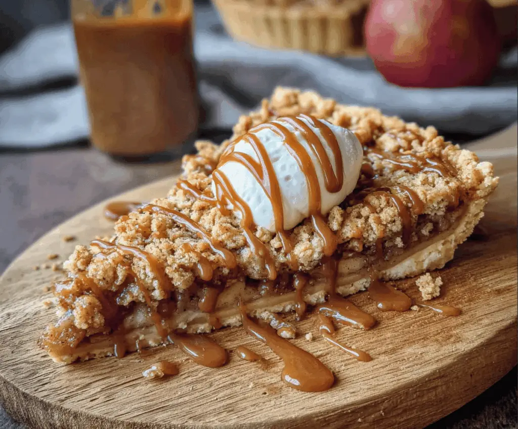 Delicious Toffee Apple Crumble Pie topped with golden crumble and caramel toffee bits, served on a rustic plate for a tempting dessert.