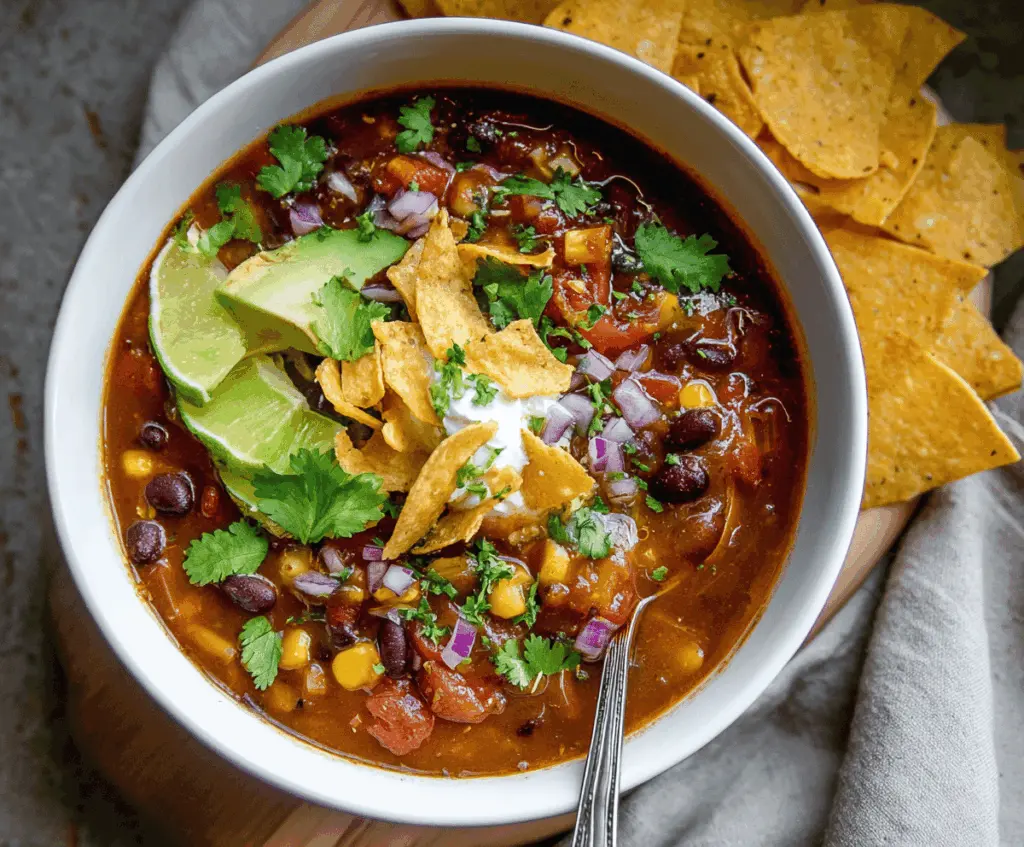 A bowl of hearty vegetarian taco soup topped with shredded cheese, fresh cilantro, and diced tomatoes, served with tortilla chips on the side.