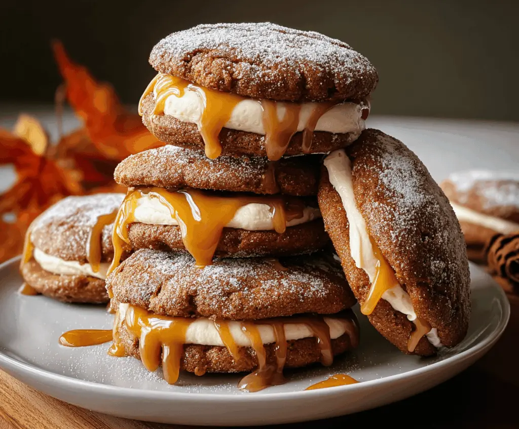 Delicious Apple Cider Whoopie Pie Cookies filled with creamy frosting and topped with caramel drizzle, perfect for fall desserts