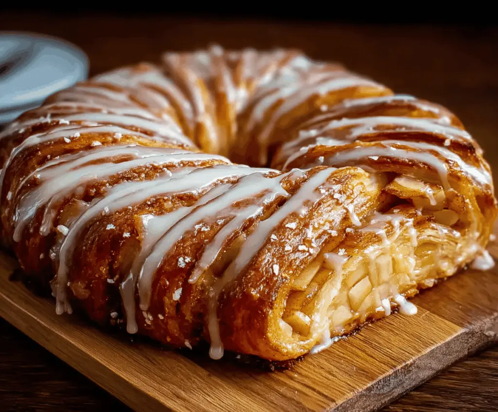 Delicious Apple Kringle with a sweet vanilla glaze, topped with sliced apples and flaky pastry for a tempting dessert or breakfast treat.