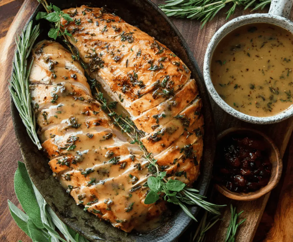 Creamy brown butter herb turkey gravy served over carved turkey, garnished with fresh herbs, perfect for holiday dinners.