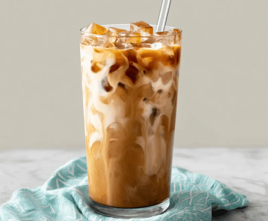 Refreshing caramel iced coffee in a glass topped with whipped cream and caramel drizzle, served with ice cubes for a cool summer treat.