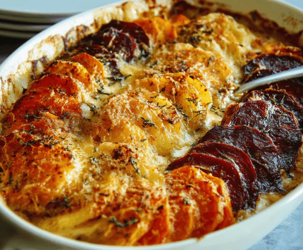 Delicious cheesy root vegetable gratin served in a rustic dish, showcasing layers of colorful vegetables covered with melted cheese.