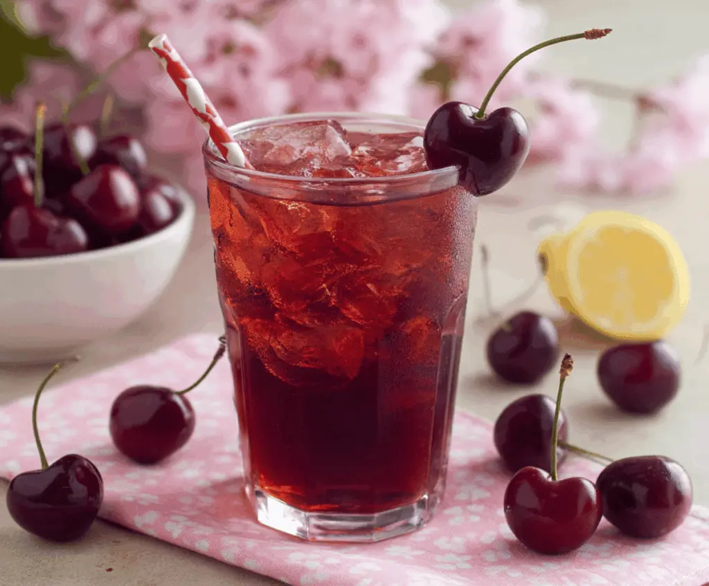 Refreshing cherry iced tea served in a clear glass garnished with fresh cherries and mint leaves on a summer table.