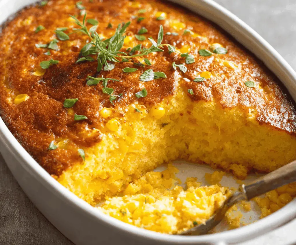 Delicious creamy corn casserole served on a Thanksgiving dinner table, perfect for holiday gatherings