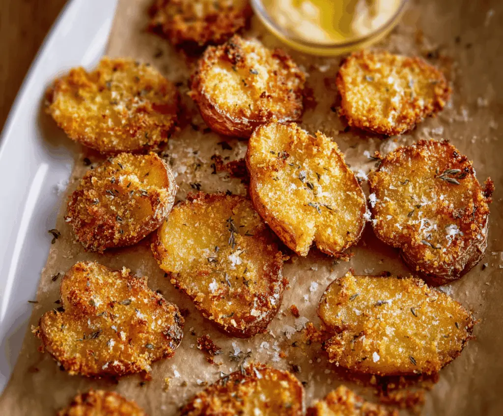 Golden, crispy Parmesan smashed potatoes topped with fresh herbs, perfect for a delicious side dish or appetizer.