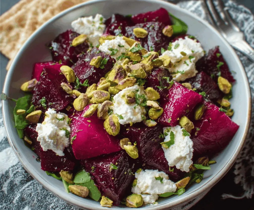Fresh Beet Feta and Pistachio Salad served on a white plate with vibrant colors and crisp vegetables.