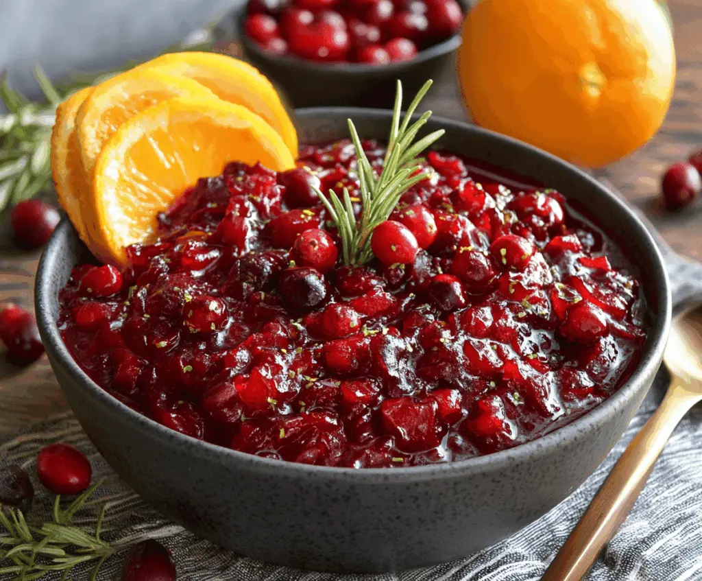 Colorful fresh cranberry orange relish in a glass bowl, featuring vibrant red cranberries, orange zest, and chopped oranges for a festive holiday side dish.