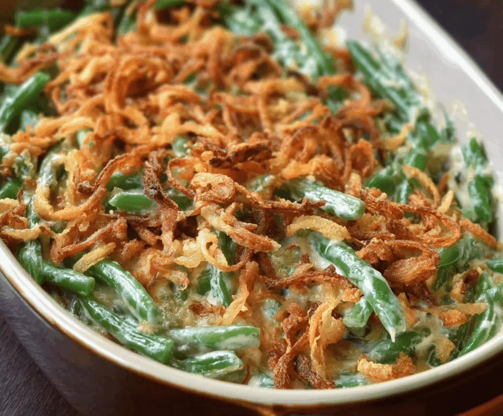 Delicious homemade green bean casserole for Thanksgiving with crispy fried onion topping and creamy sauce