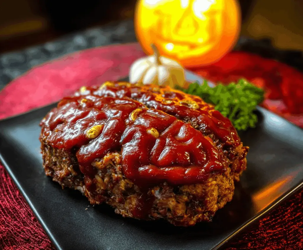 Halloween Brain Meatloaf topped with red sauce and garnished with celery, served on a platter for a spooky Halloween dinner.