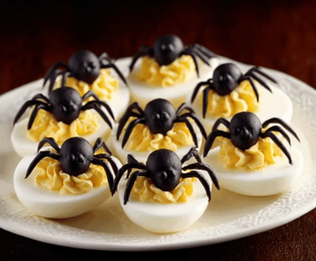 Halloween Spider Deviled Eggs with black olive spider toppings on a spooky themed plate, perfect for Halloween parties.