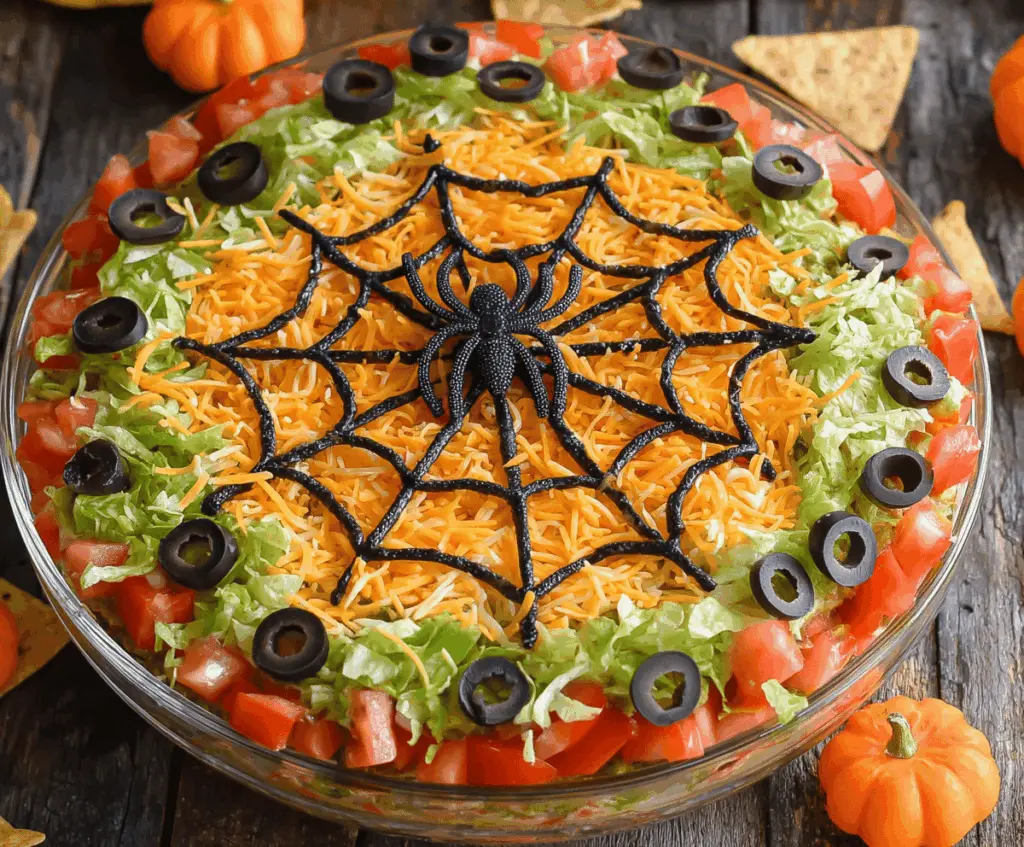 Colorful Halloween Spiderweb Layered Taco Dip with cheese, salsa, and toppings for festive party appetizers