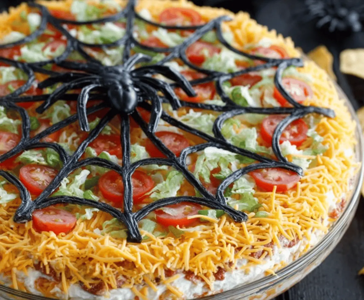 Spooky Halloween Spiderweb Layered Taco Dip Recipe