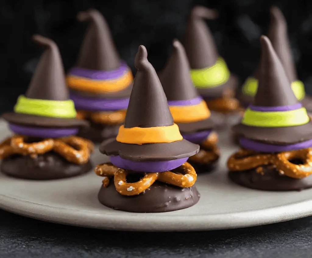 Delicious Halloween Witch Hat Pretzel-Chocolate Bites topped with chocolate and colorful sprinkles, perfect for spooky treats and holiday parties