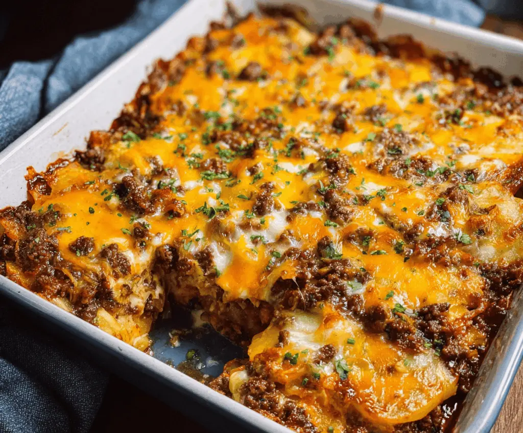 Delicious Hobo Casserole with Ground Beef in a baking dish, topped with melted cheese and fresh herbs, perfect for a hearty family dinner