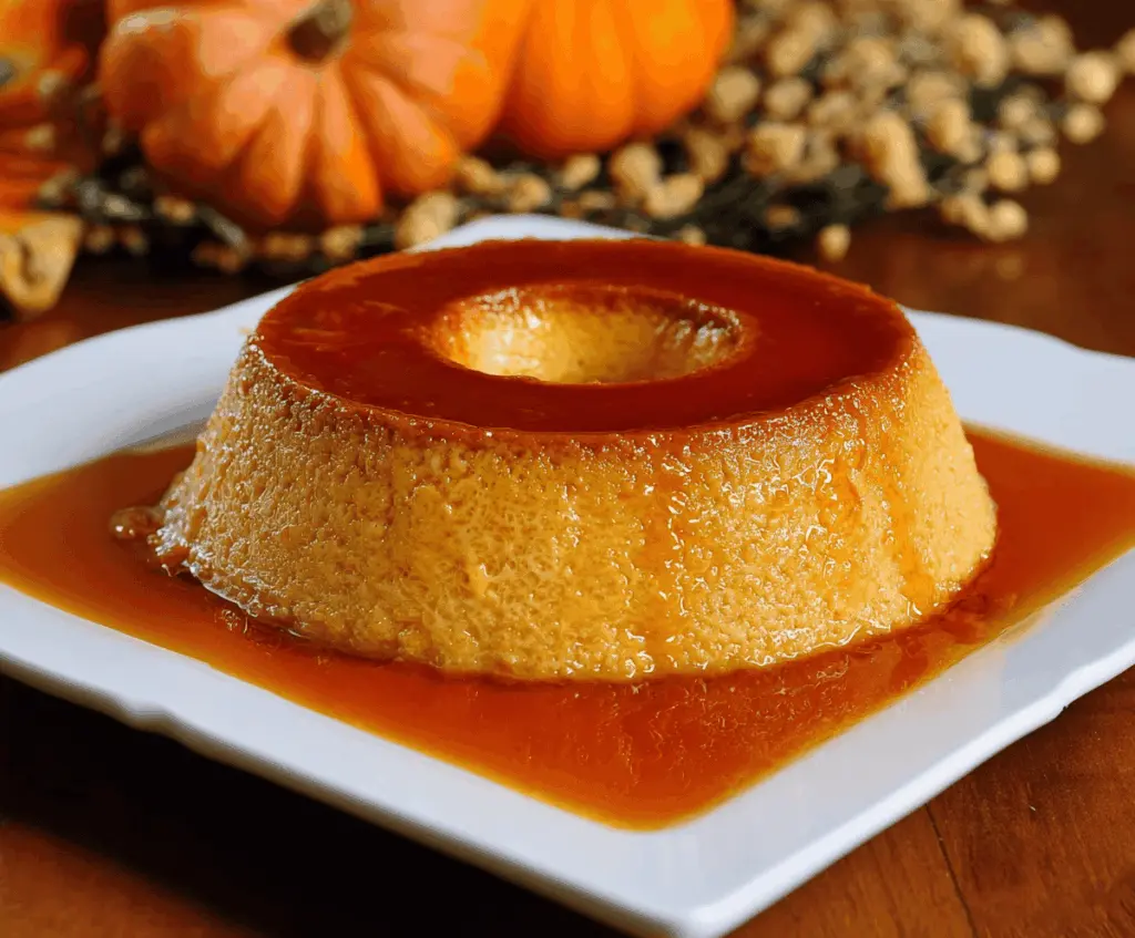 Delicious homemade pumpkin flan served on a plate, featuring a smooth, creamy texture and caramelized topping, perfect for fall desserts