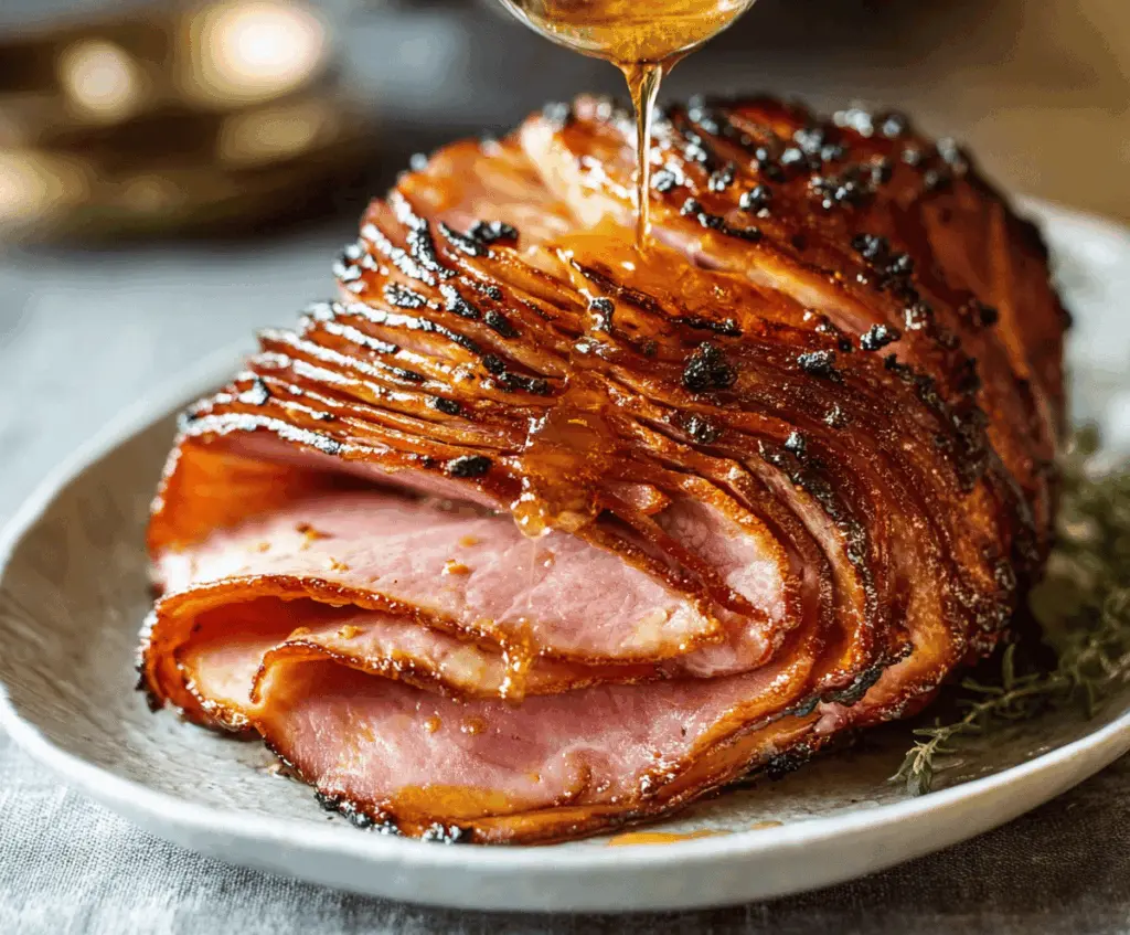 Honey-Garlic Spiral Ham served with fresh herbs and side dishes, glazed with a glossy honey-garlic sauce, perfect for holidays and special occasions.