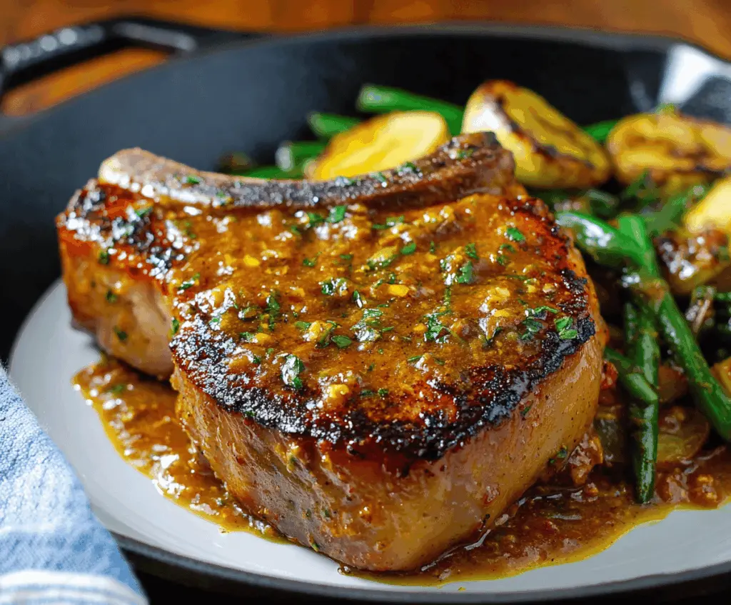Succulent honey mustard pork chops served with fresh vegetables on a rustic plate.