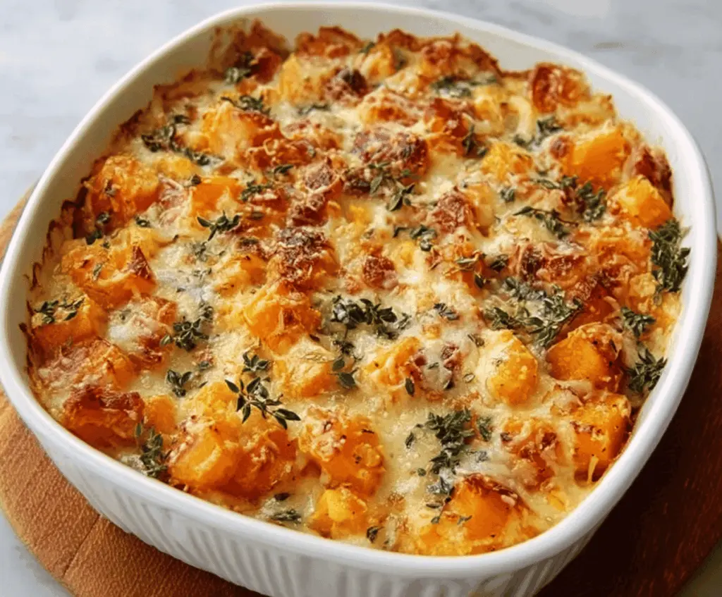 Creamy cheesy butternut squash casserole topped with melted cheese and fresh herbs, perfect for a cozy dinner.