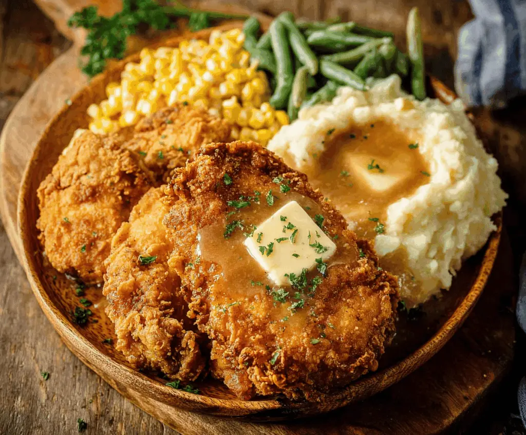 Golden crispy country fried chicken served on a plate with sides, ready to enjoy—perfectly cooked and flavorful for a delicious homemade meal.