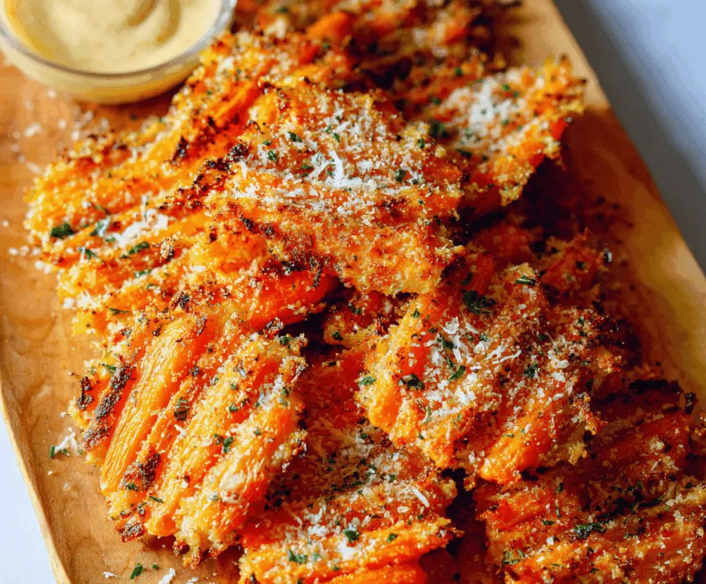 Crispy Parmesan Ranch Smashed Carrots recipe with golden-brown, flavorful roasted carrots topped with parmesan cheese and fresh herbs, perfect for a delicious side dish.