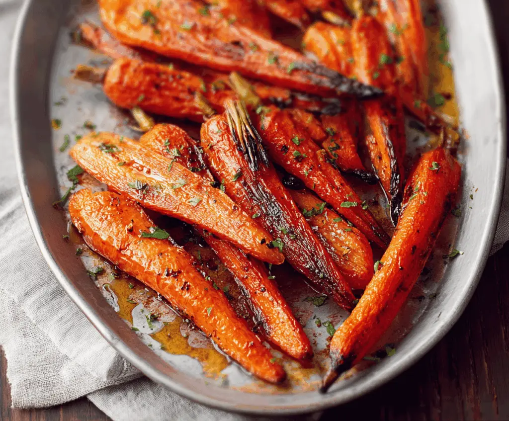 Delicious oven-roasted charred carrots garnished with herbs, showcasing the perfect smoky and tender texture for a flavorful side dish.