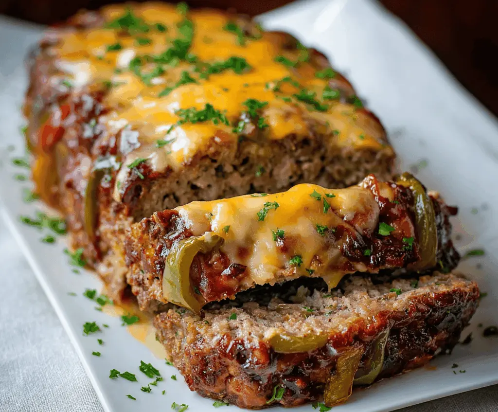 Juicy Philly cheesesteak meatloaf topped with melted cheese and fresh herbs in a baking dish.