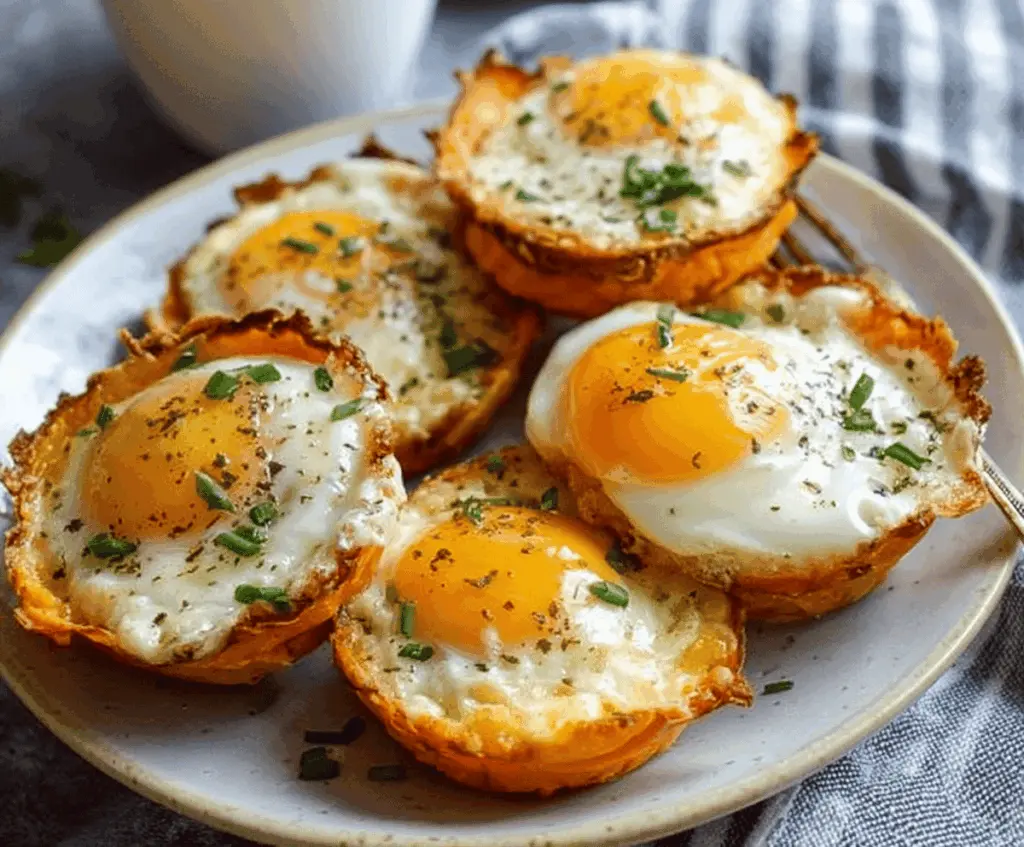 Delicious sweet potato baked egg cups in a muffin tin, ready for a healthy breakfast.