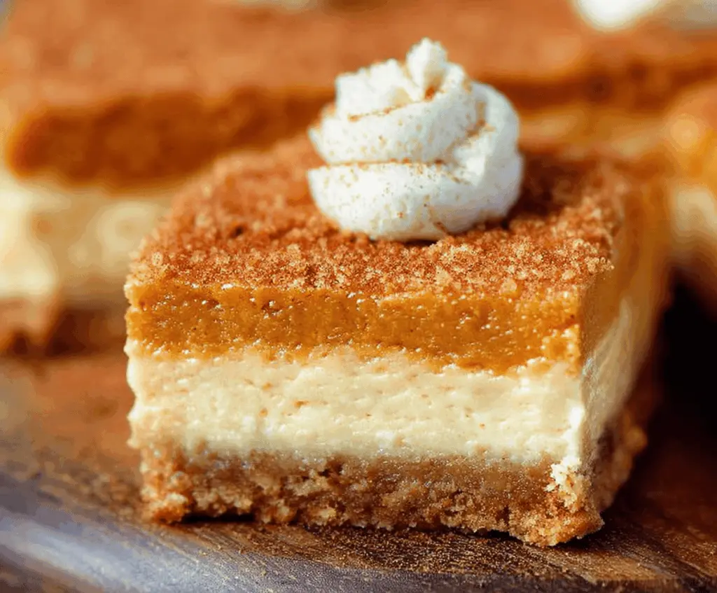 Sweet potato cheesecake bars on a serving plate, perfect for fall dessert gatherings.