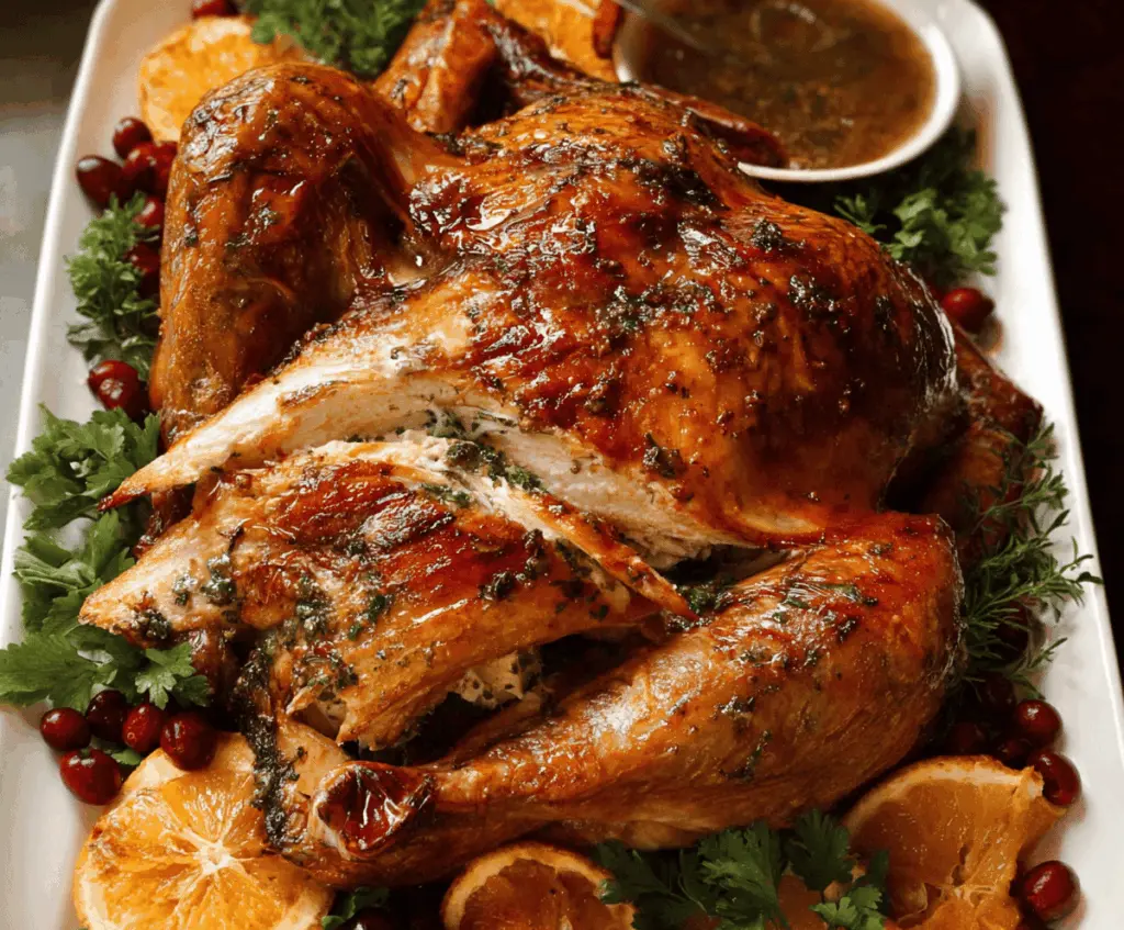 Juicy brined roast turkey served on a platter with golden crispy skin and fresh herbs